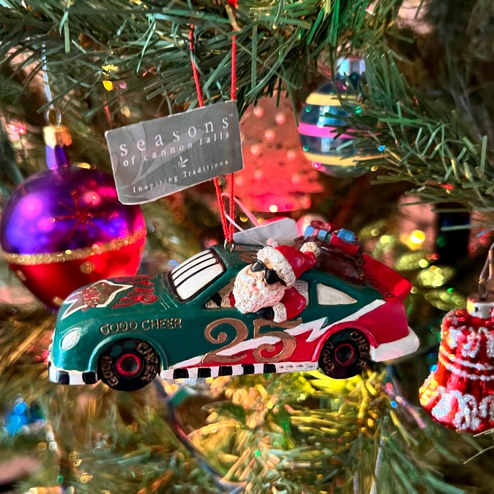 NEW Santa Claus Race Car Driver Christmas Toys Holiday Ornament New with Tags - Picture 14 of 14